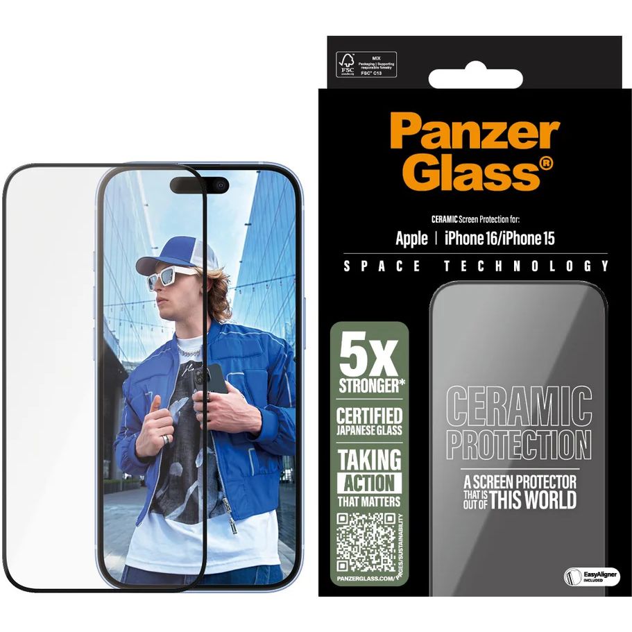 Szkło hartowane na cały ekran PanzerGlass Ceramic Ultra-Wide Fit + Easy Aligner do Apple iPhone 16 / iPhone 15